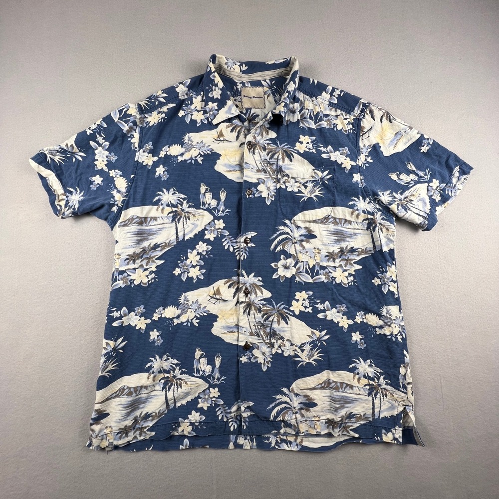 Tommy Bahama Button Front Shirt Mens L Blue Silk Hawaiian Palm Tree Island Aloha